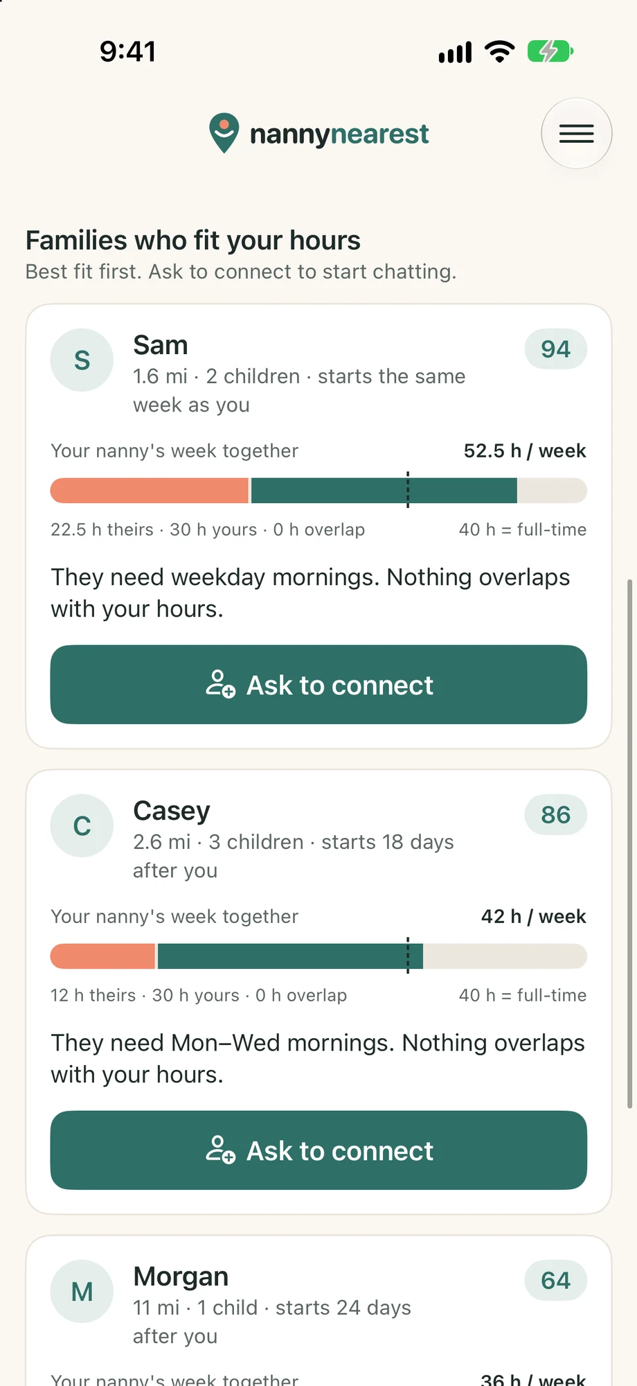 nanny nearest home screen listing matched families by first name and distance only